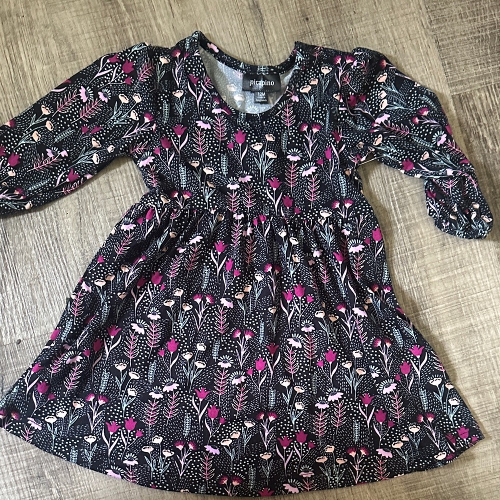 Picapino Black and Pink Floral Kids Dress 12 months